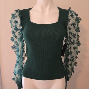 No Boundaries Green Ribbed Blouse with Sheer Floral Sleeves